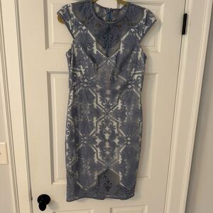 Tadashi Shoji Gray and White Sheath Dress with Flutter Cap Sleeves